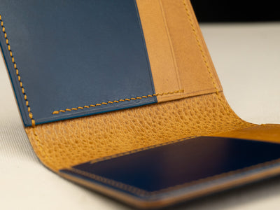 Leather Belt Slim Vertical Bifold Wallet - Navy & Biscuit SAMPLE - Atlas Leathercraft - Handmade Australian Leather Goods