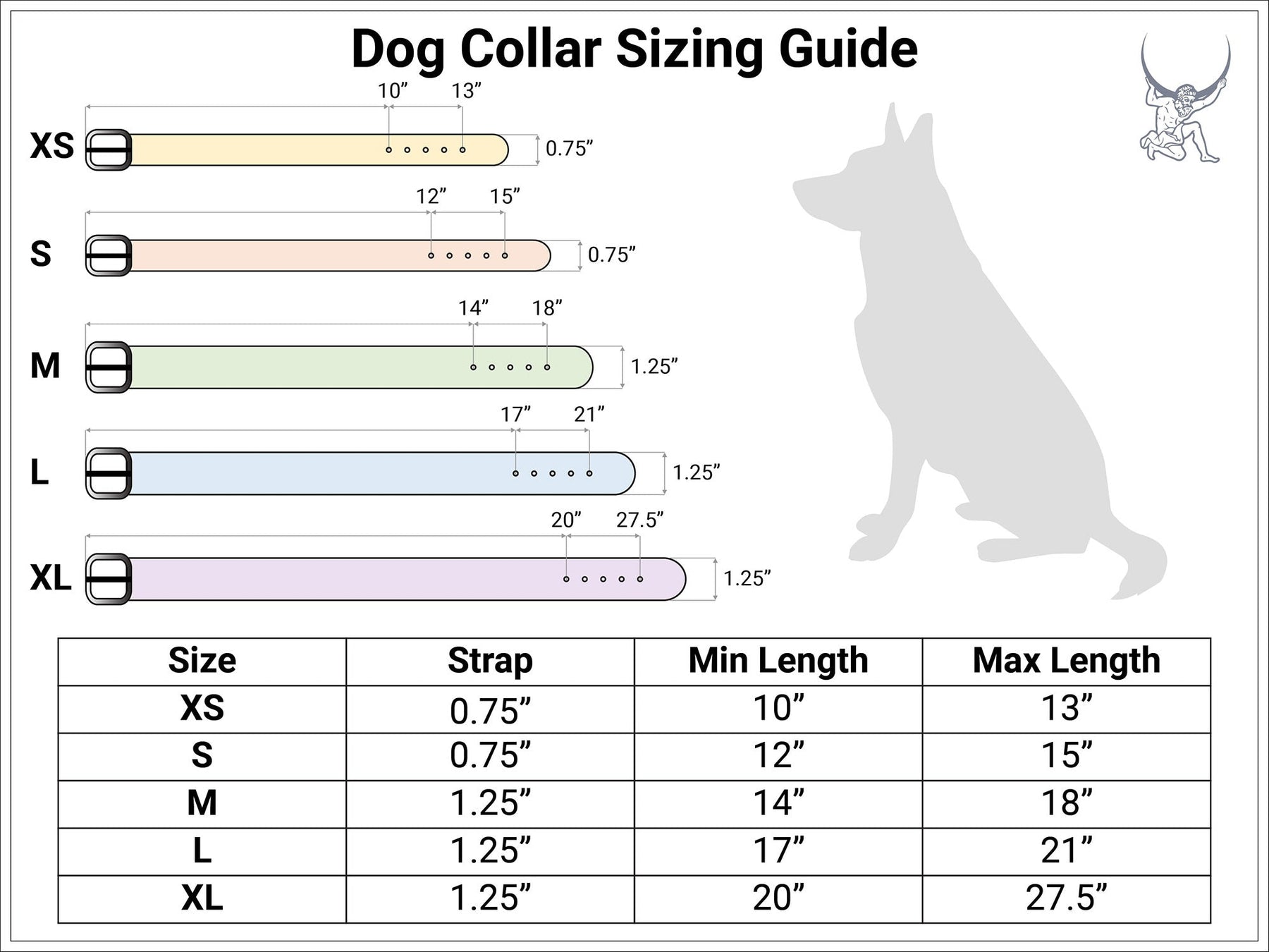 Colar Sizes Table Dog Collar - Black Leather with Natural Brass